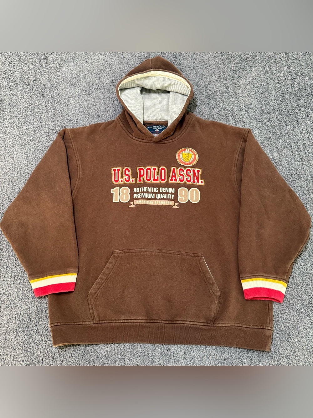 🔥 Y2K U.S. Polo Assn. Brown Graphic Pullover Hoodie Striped Cuffs Women’s XL